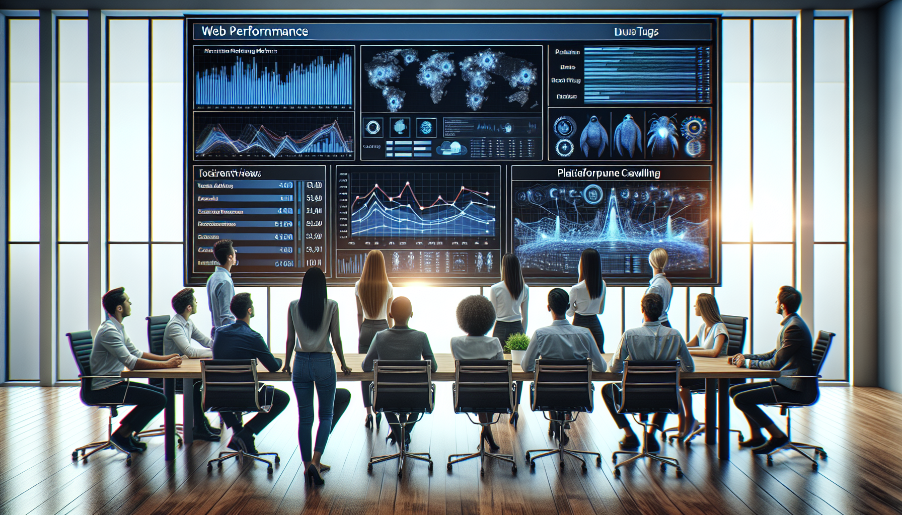 Team analyzing web performance metrics on a large screen.