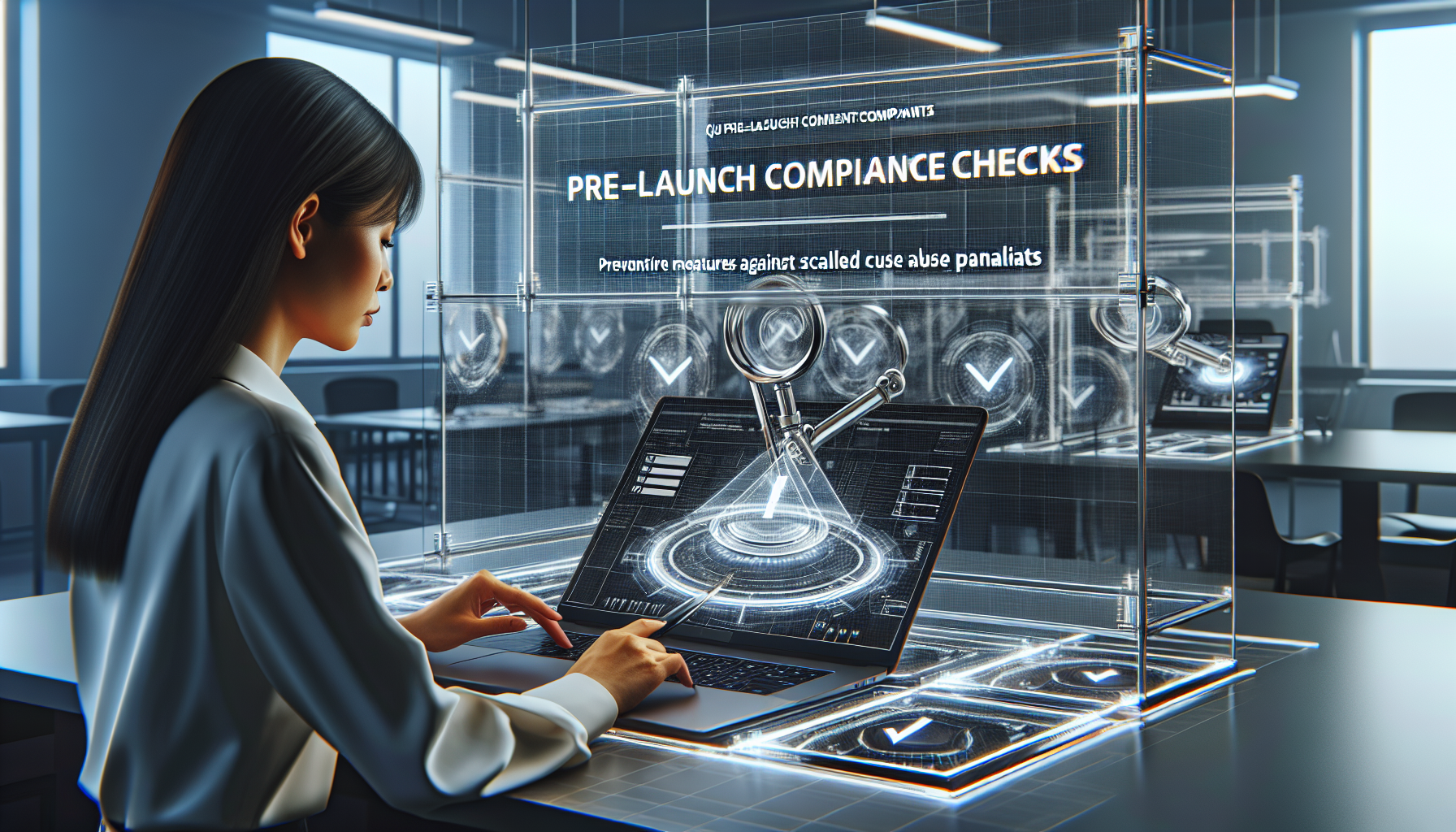 Analyst conducting compliance check on laptop for content quality assessment.