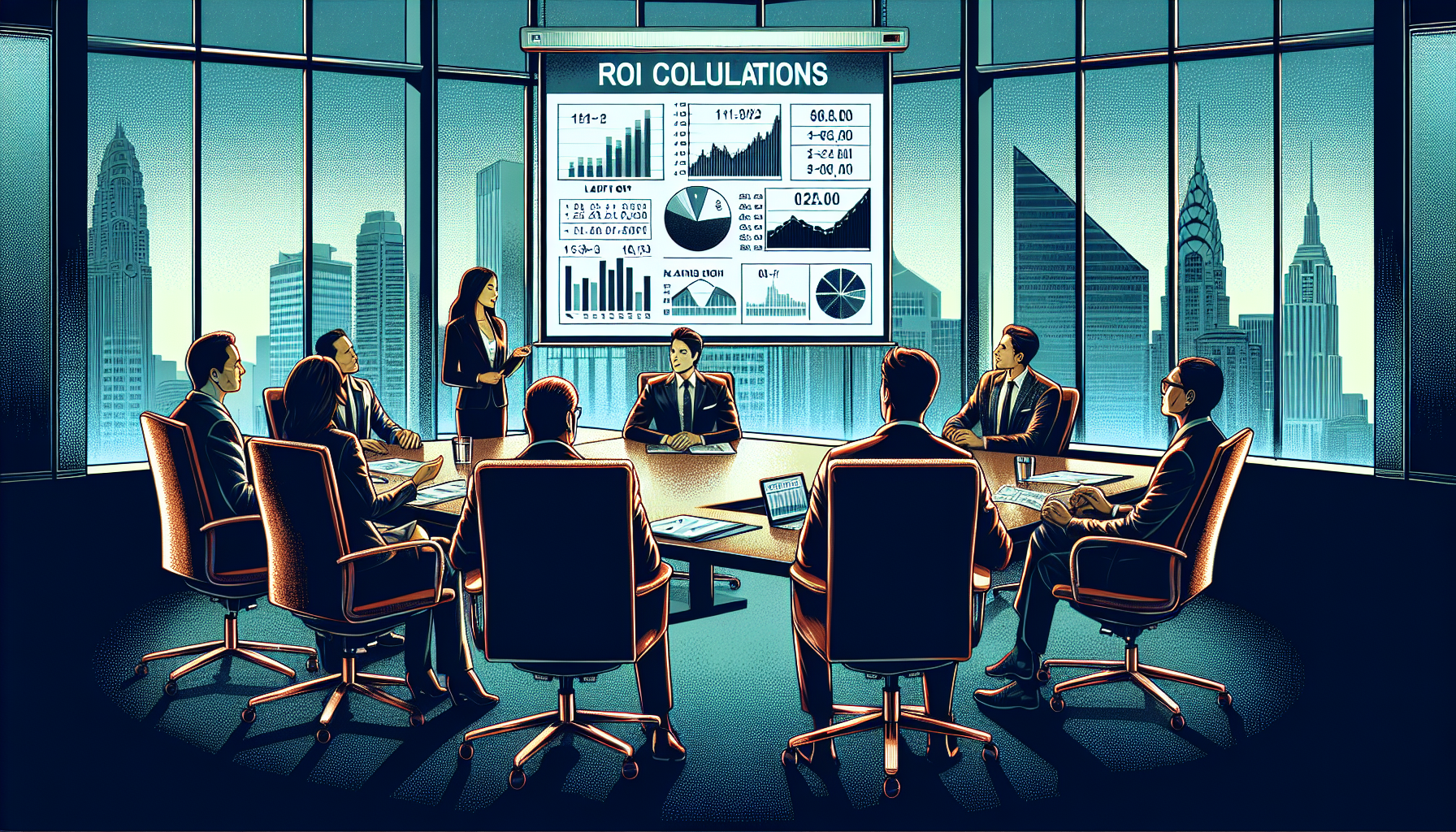 Executives discussing ROI calculations with graphs.