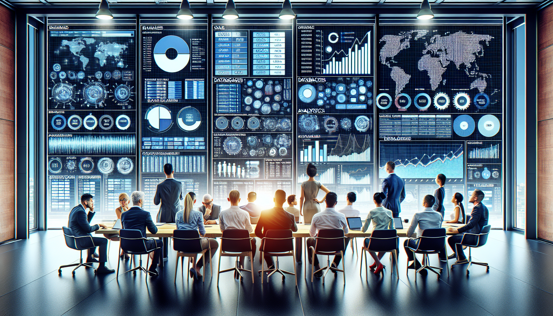 Office team analyzing databases and analytics charts on a screen.