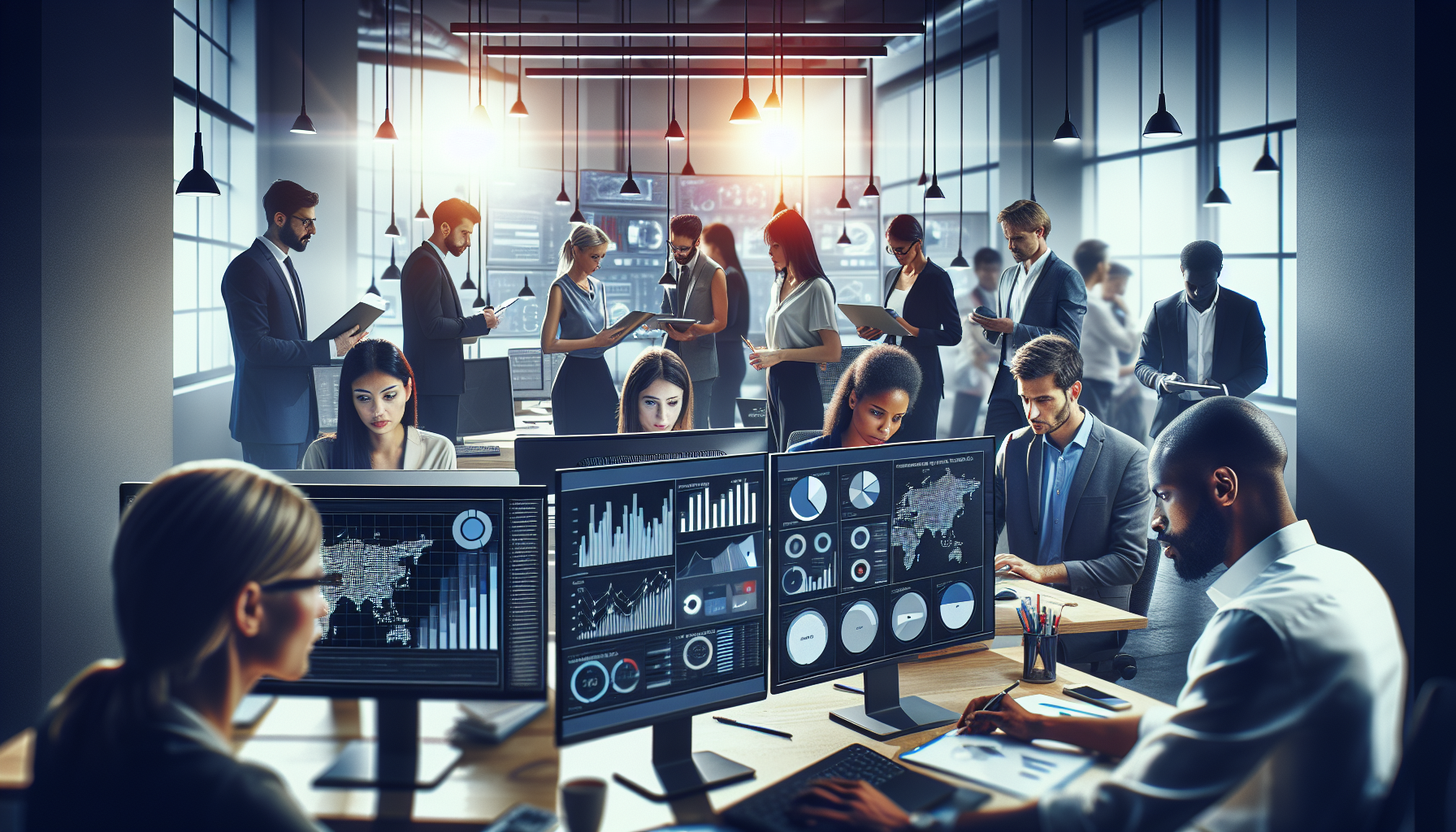 Marketers analyzing charts on monitors in an office.