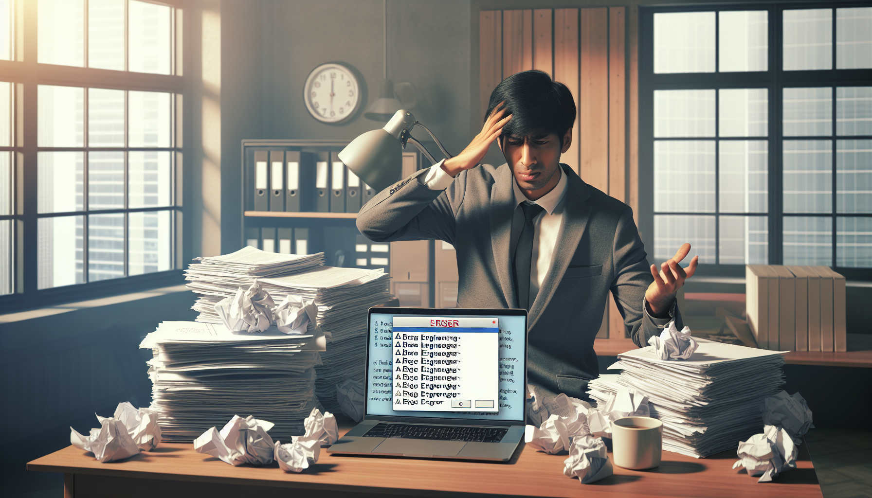 Frustrated person in office with paperwork and laptop errors.