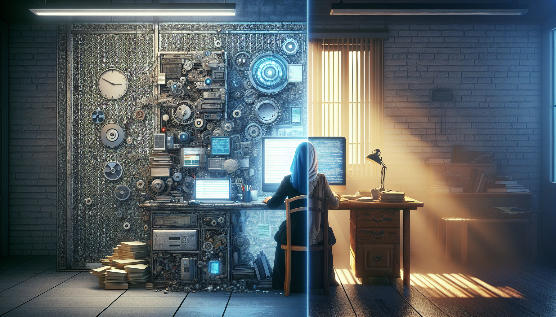 Office with programmatic SEO setup on one side, writer on the other.