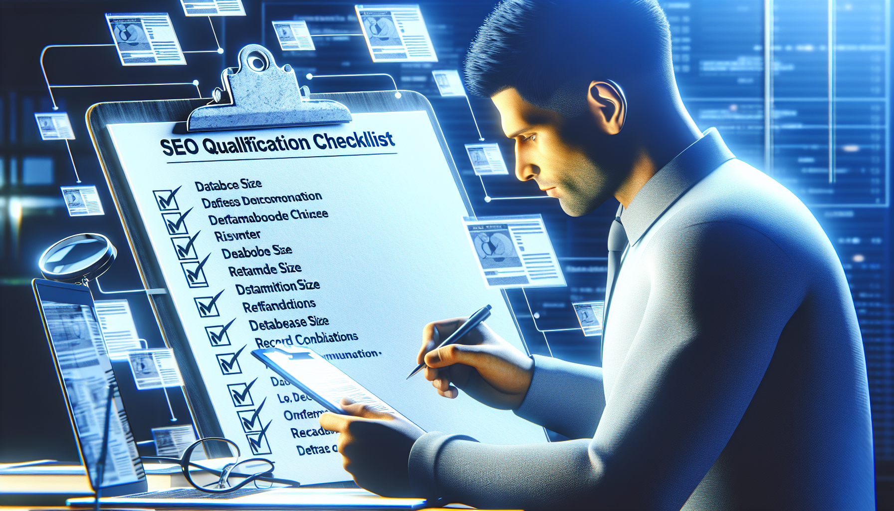 Project manager reviewing pSEO qualification checklist with clipboard.