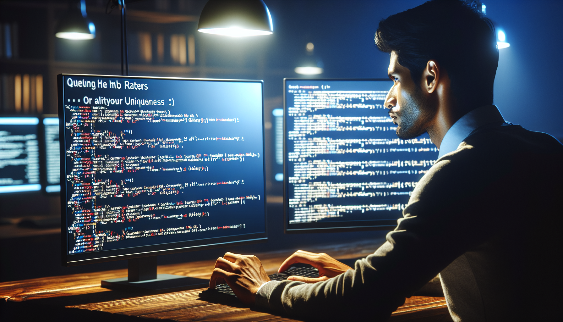 Web developer analyzing HTML code on dual monitors.