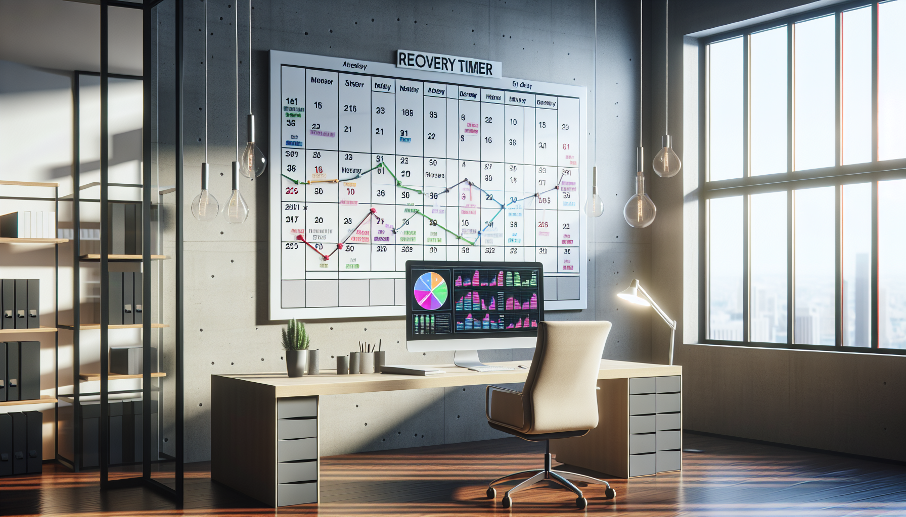 Calendar with 60-90 day recovery timeline, desk with computer and charts.