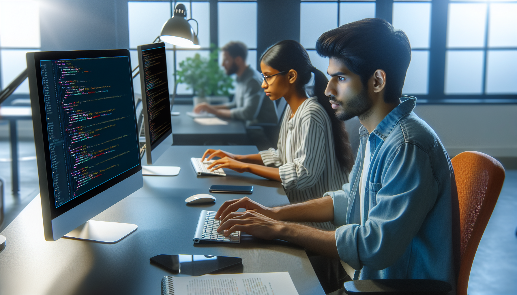 Engineers working on databases in a tech office.