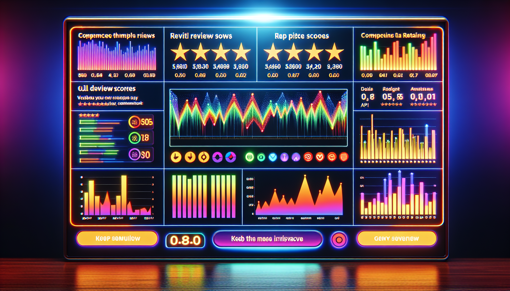 Digital dashboard with multiple API review scores displayed.