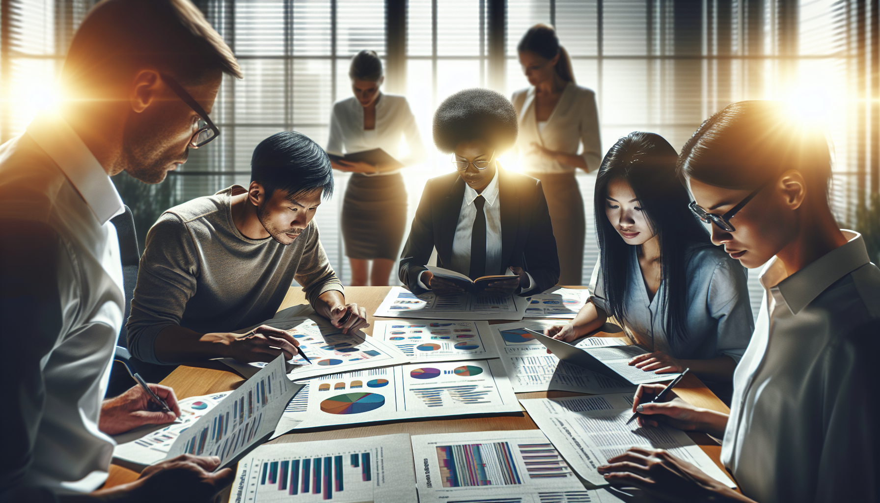 Professionals reviewing data charts for database-driven pages in an office.