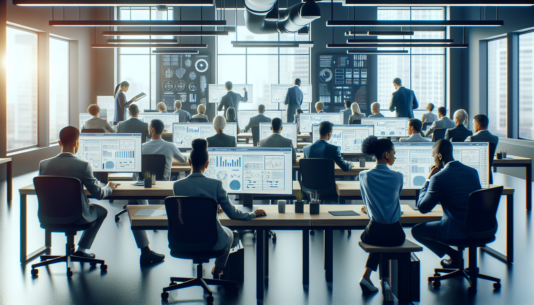 Office with professionals working on database-driven content templates.