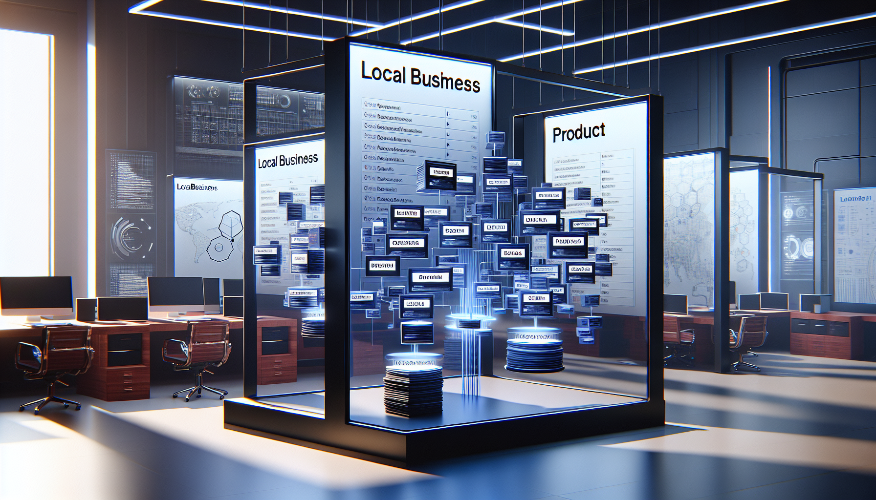 Digital screen showing schema types like LocalBusiness and Product.