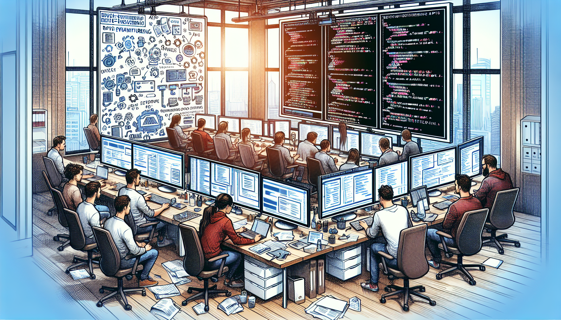 Developers comparing API data sources on monitors in a collaborative office.