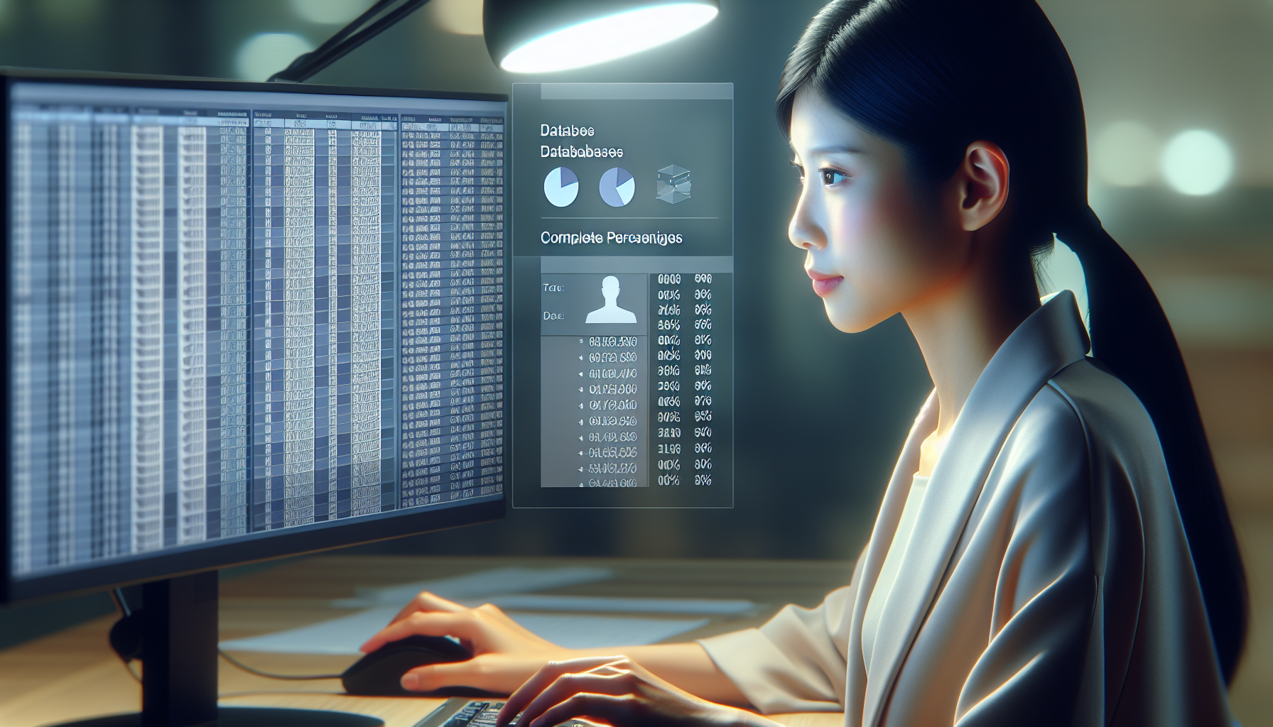 Data analyst reviewing database completeness on computer screen.