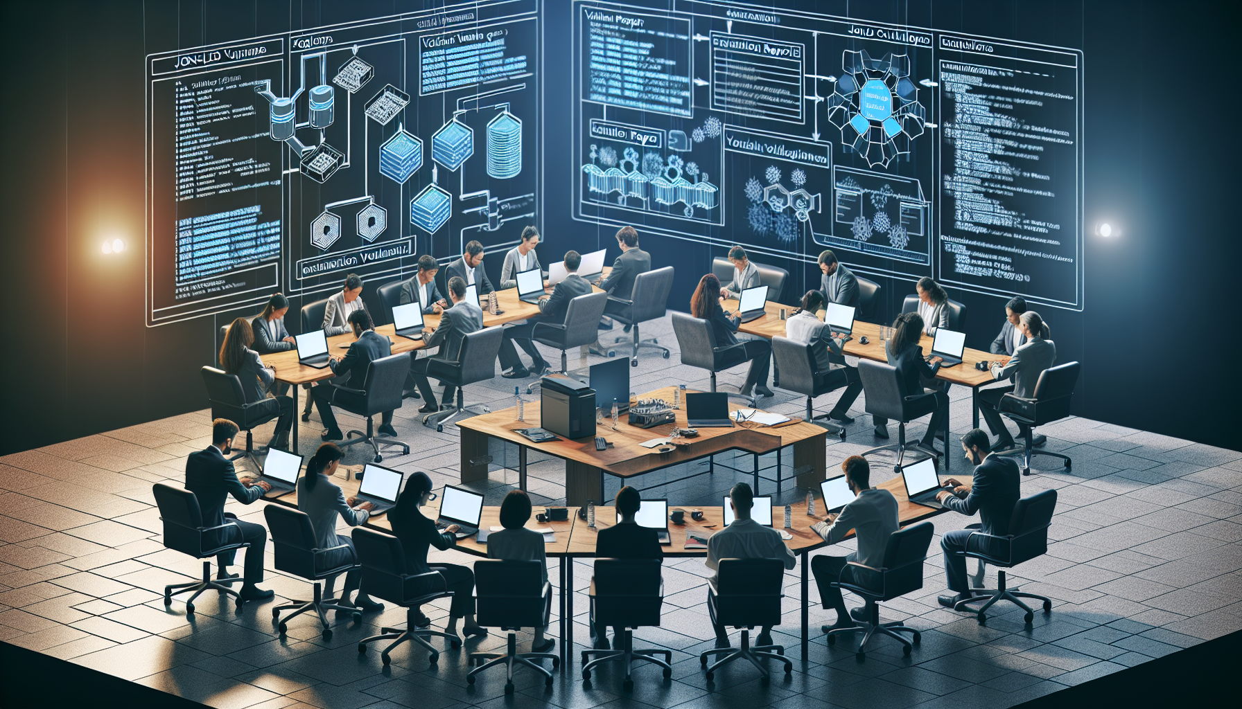 Analysts in a conference room reviewing JSON-LD output on laptops.