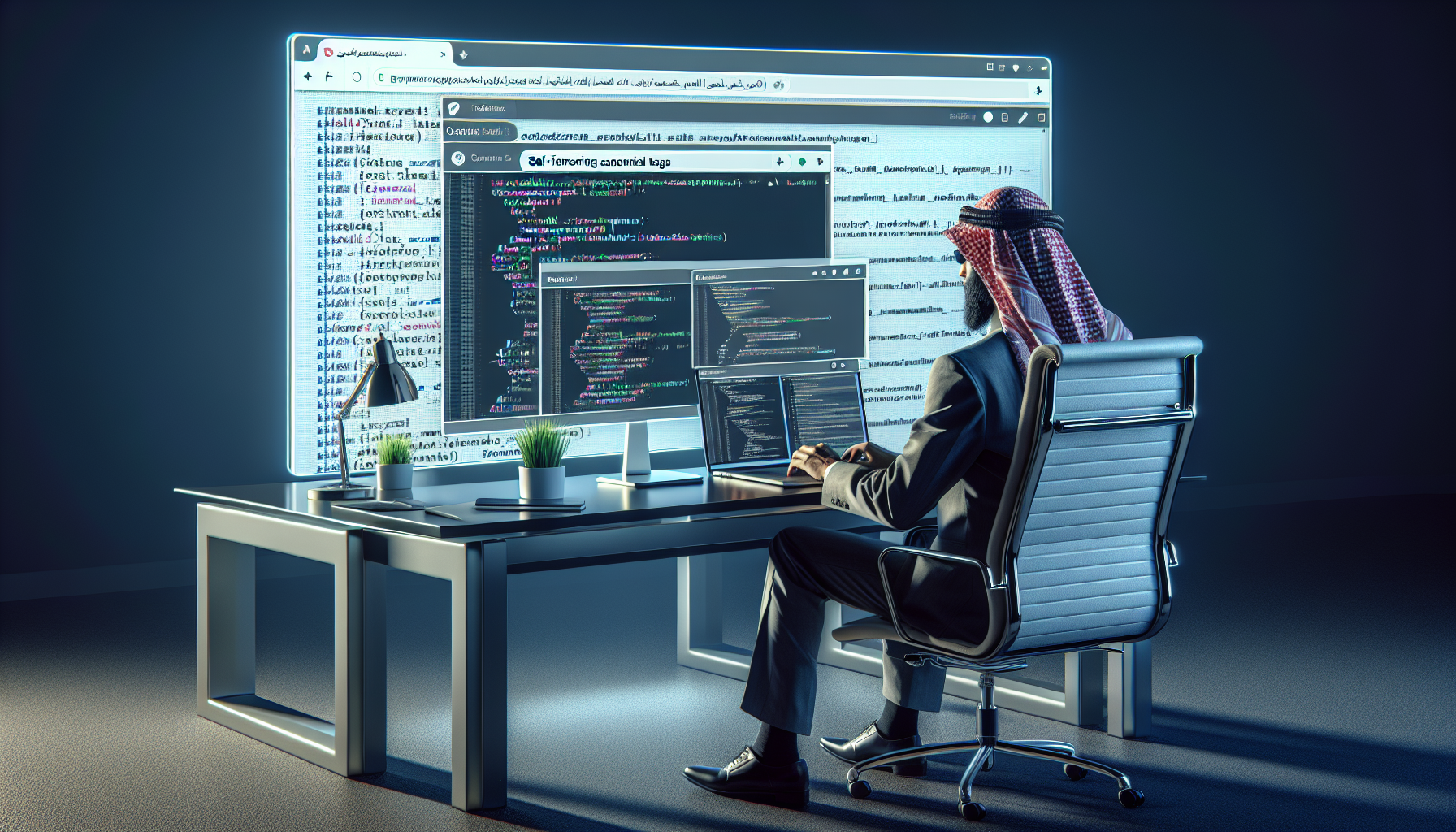 Web developer configures canonical tags on a laptop with open browser windows.