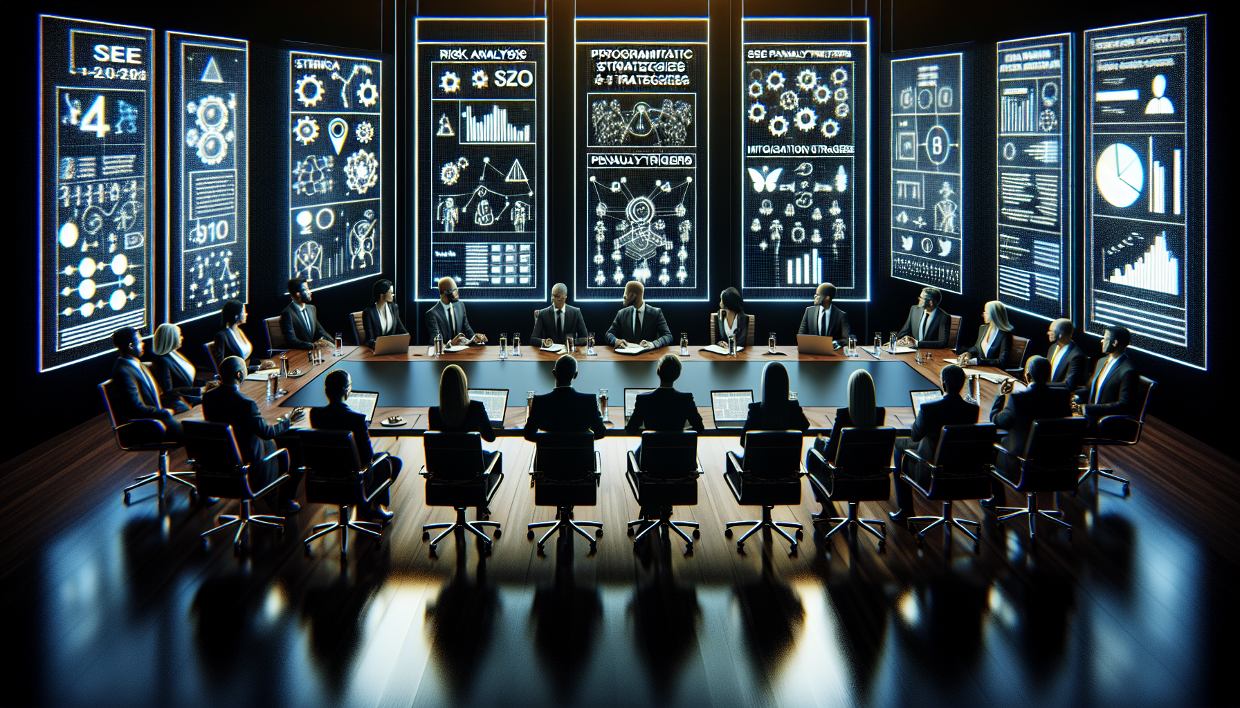 Executives in boardroom discuss SEO risk analysis with screens.
