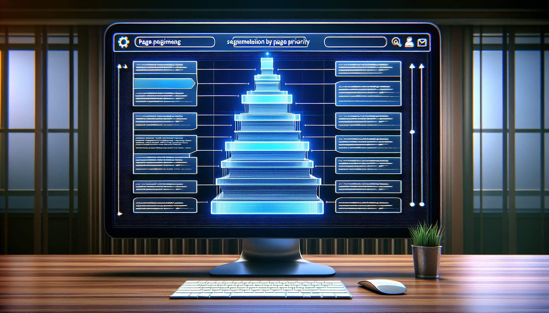 Tiered digital structure on screen showing sitemap segmentation.