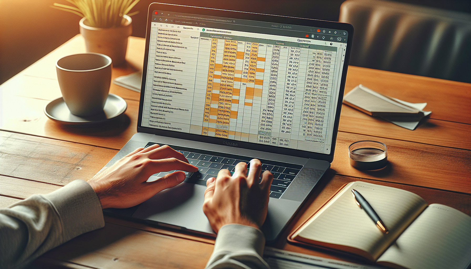 Spreadsheet on laptop showing sitemap categories and submission frequencies.