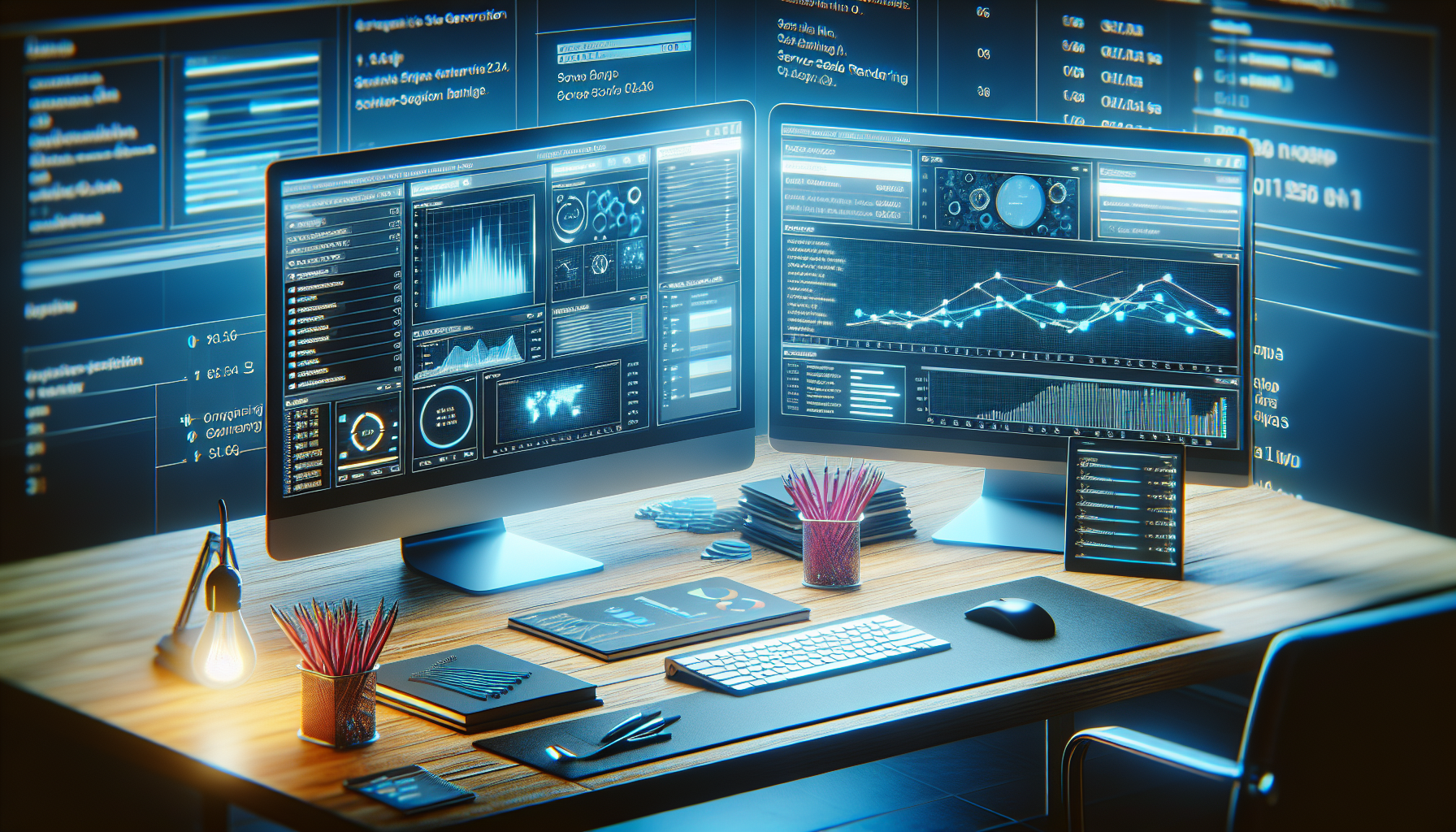 Workspace with screens showing site generation and rendering data.