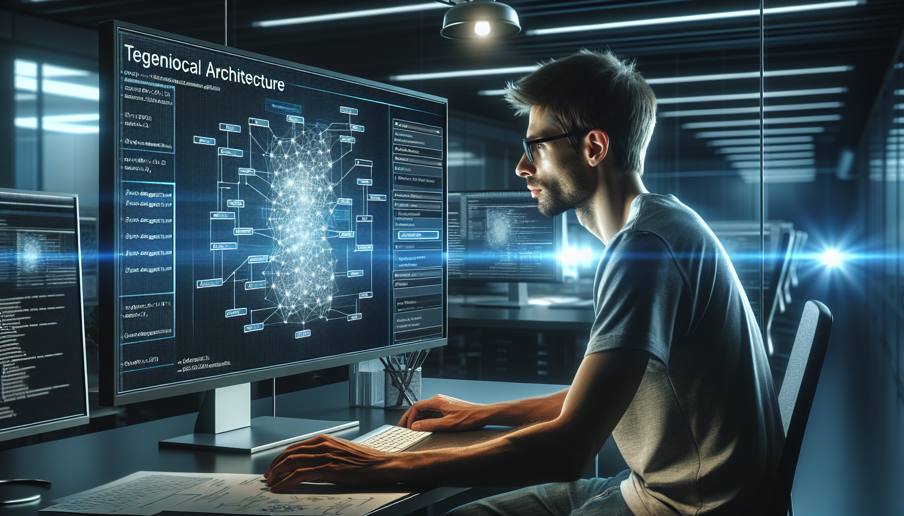 Engineer reviewing technical architecture diagram with highlighted URL structures.