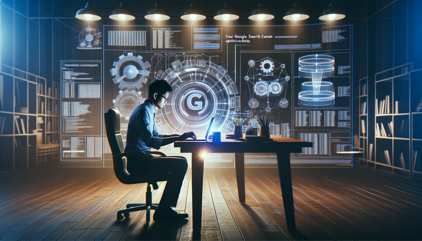 IT professional analyzing Google Search Console data with architecture diagrams.