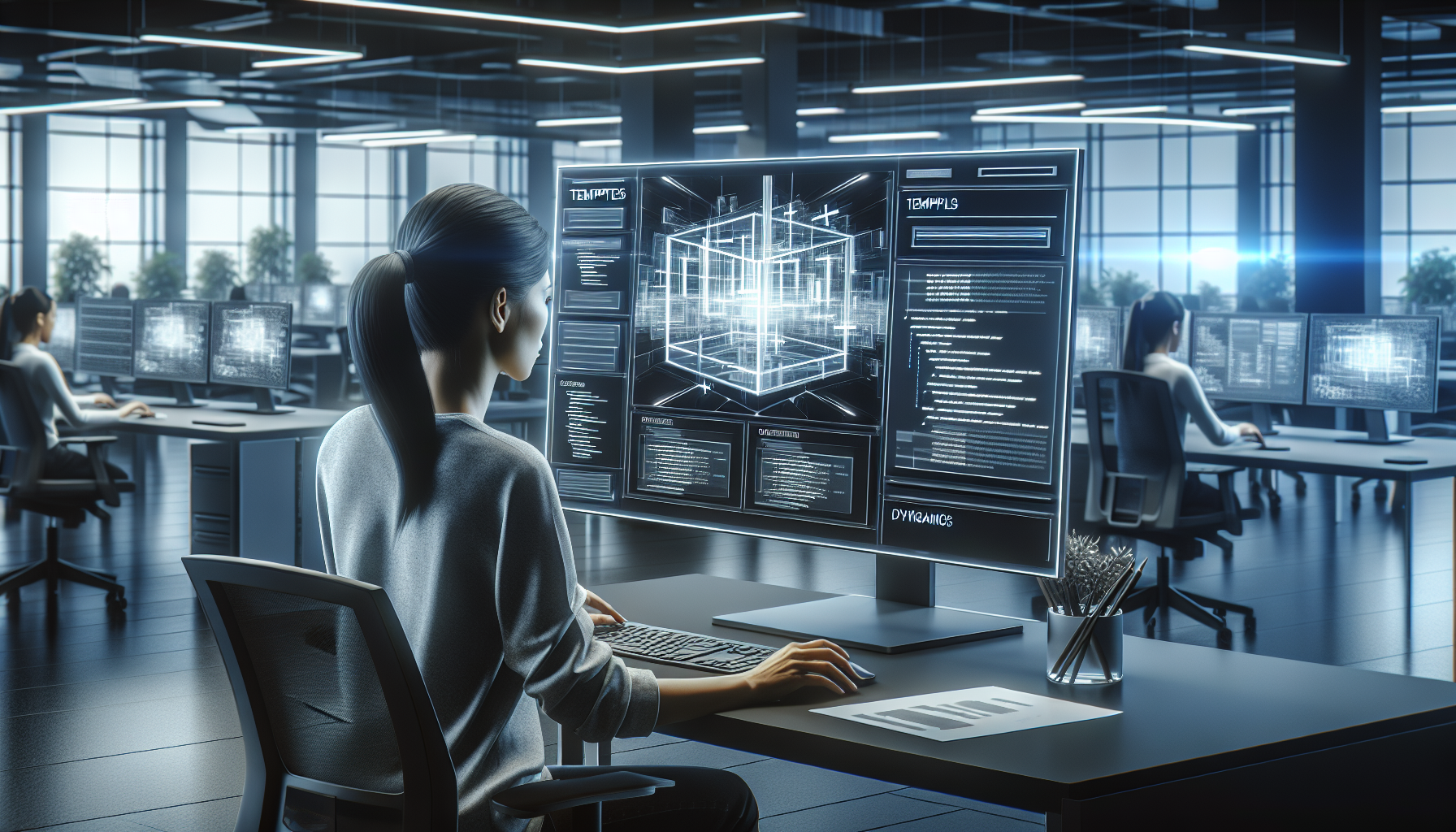 Programmer designing dynamic template architecture on computer screen.
