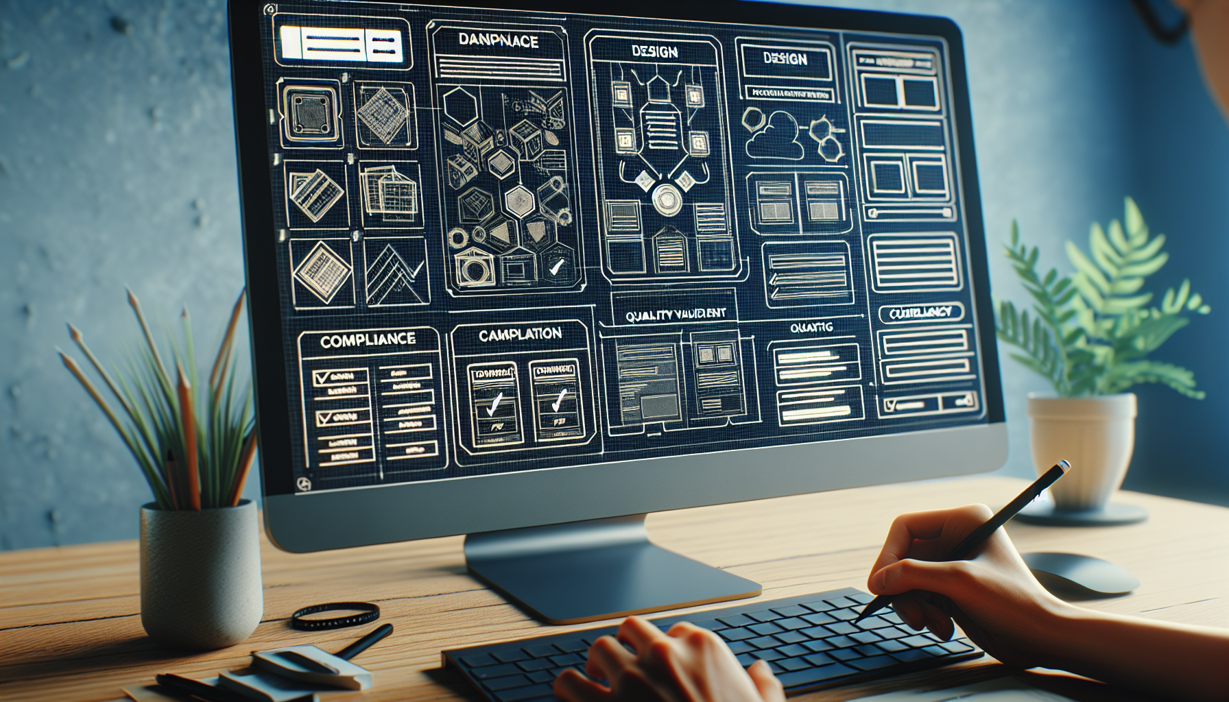 Screen with template designs, compliance checklists visible.