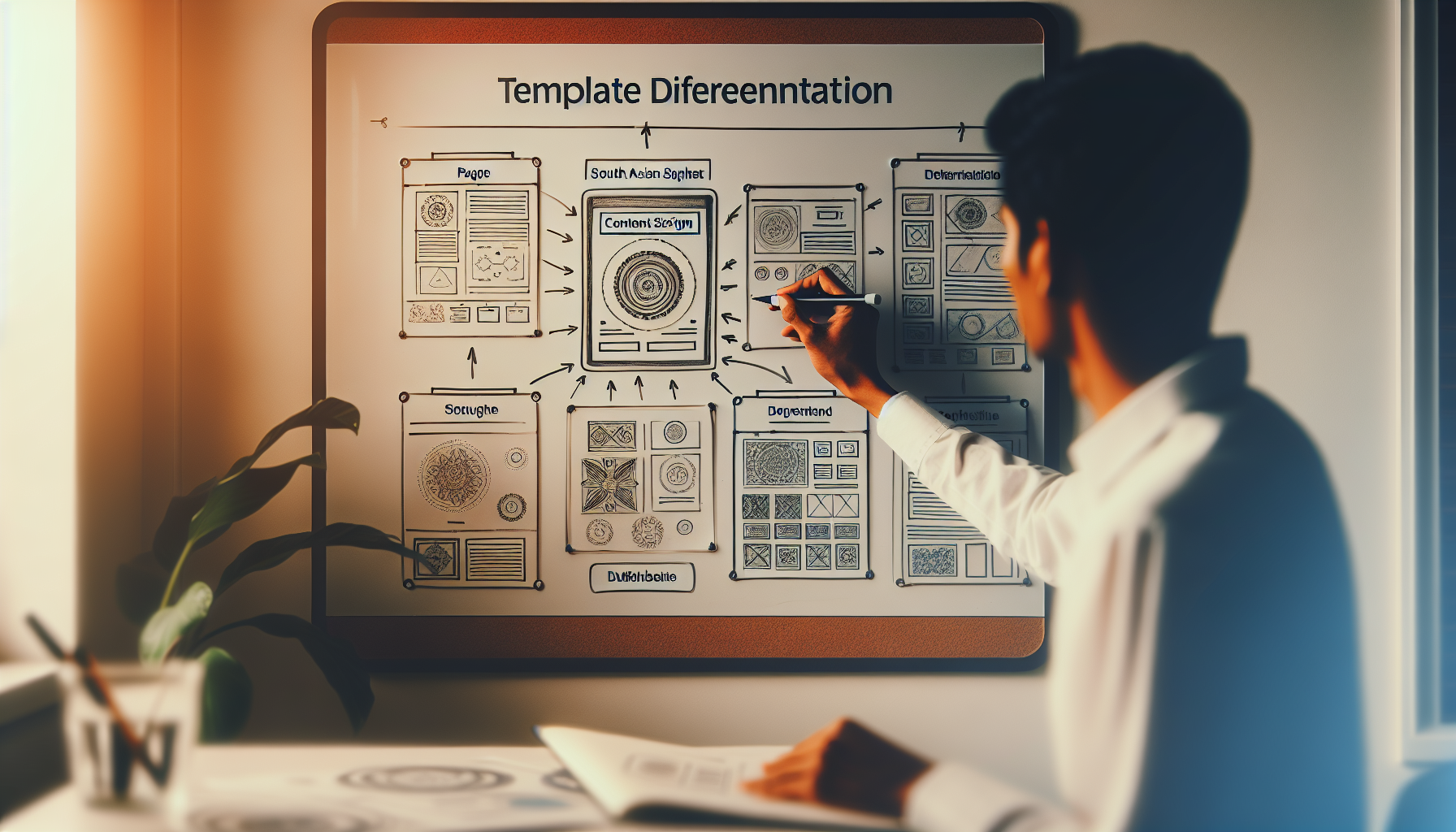 Content strategist evaluating template differentiation on whiteboard.