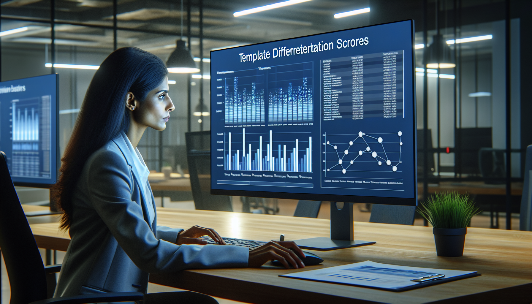 Analyst examining template differentiation scores on a large monitor.
