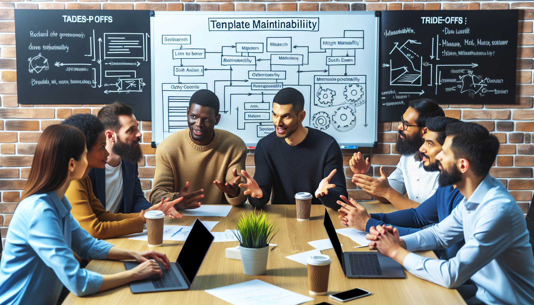 Developers discussing template maintainability with a whiteboard in a conference room.
