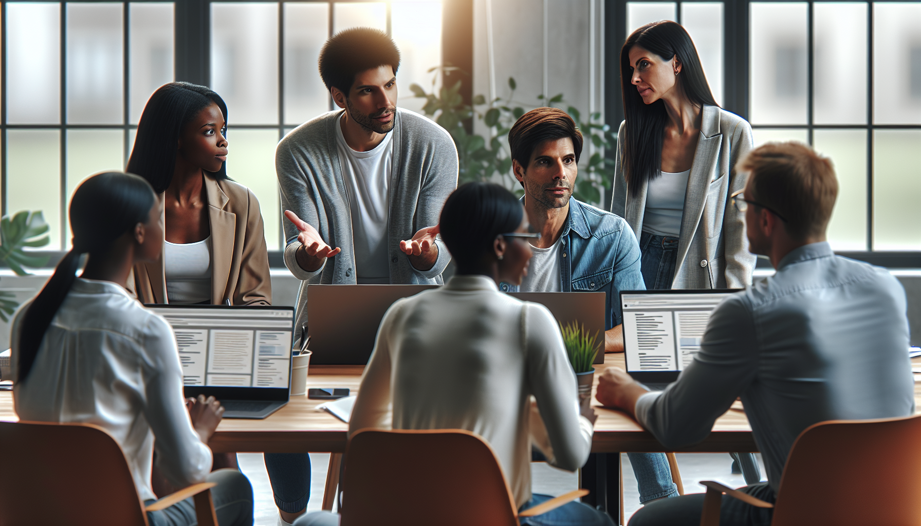 Professionals discussing SEO tools in an office setting.