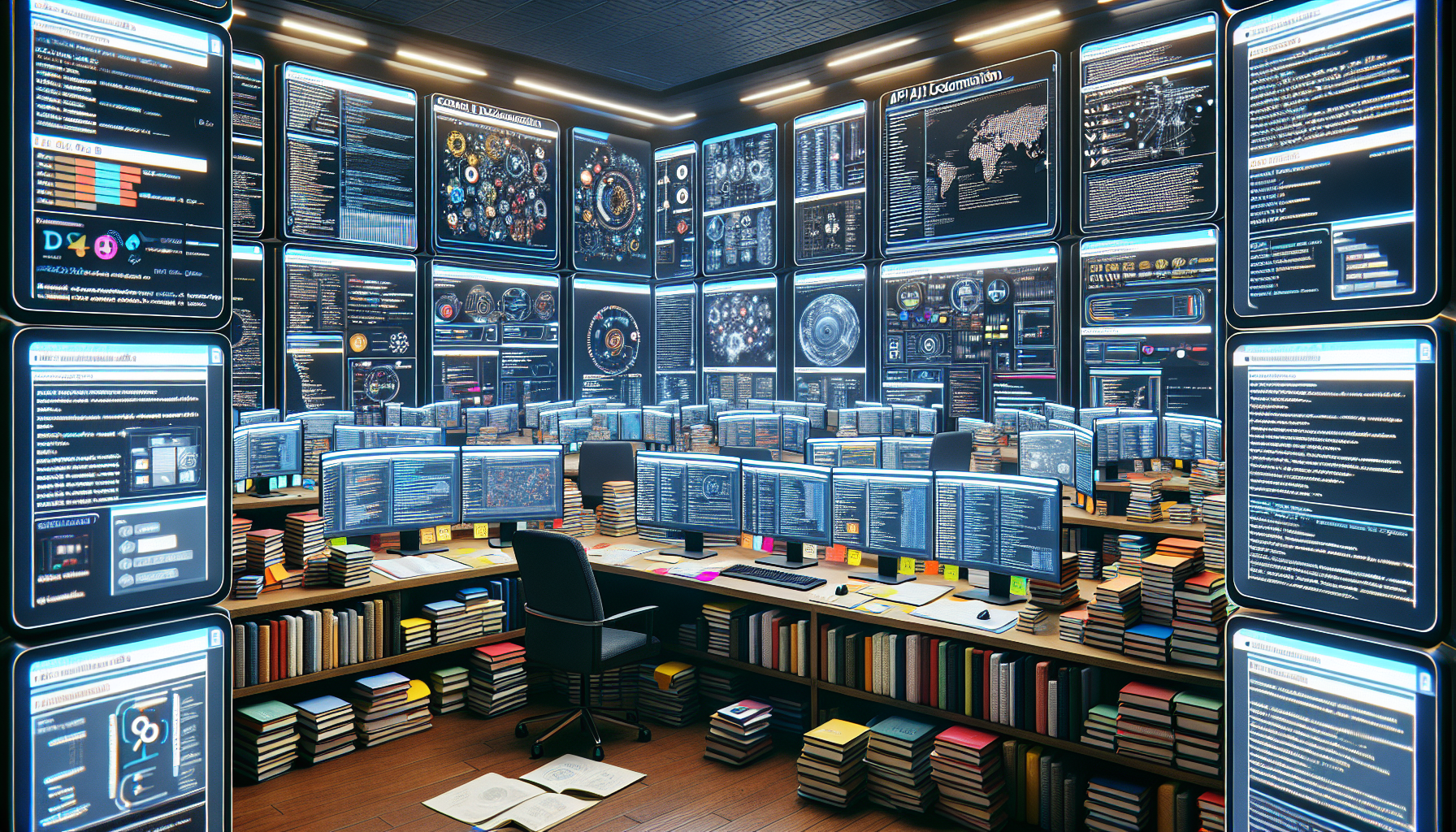 Tech workspace with API documentation and screens showing industry-specific data.