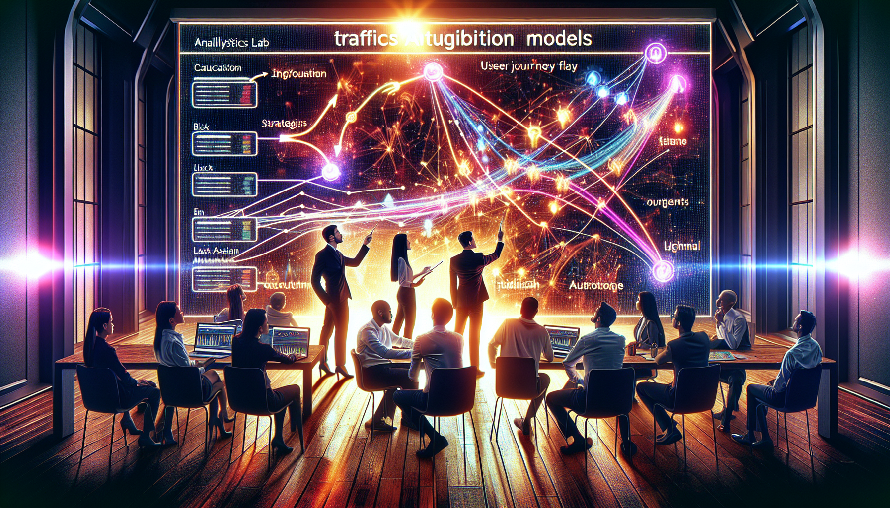 Strategists discussing traffic attribution models in an analytics lab.