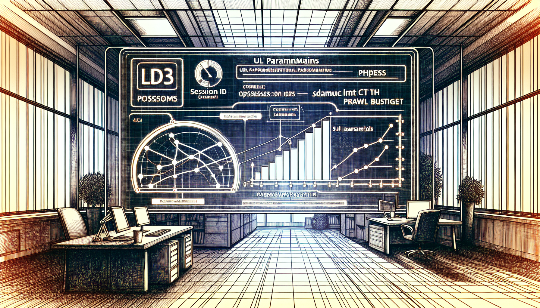 Digital display in office showing URL parameters and crawl budget impact.
