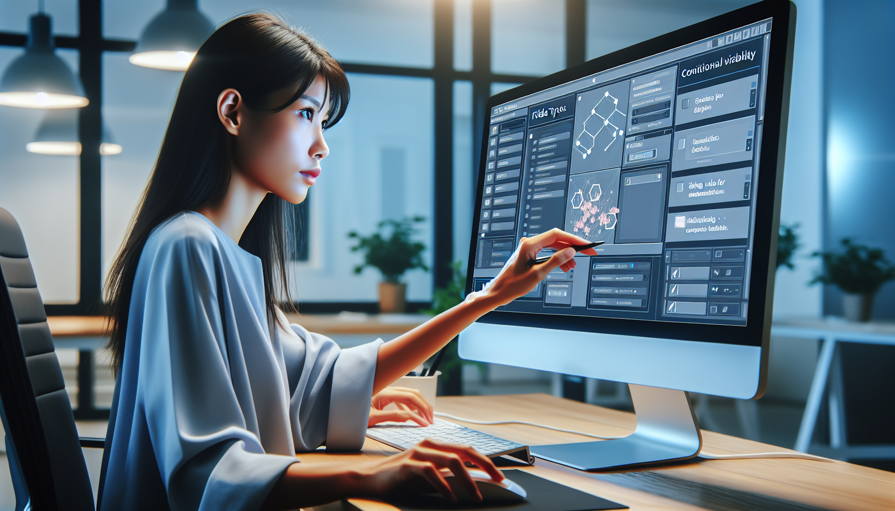 Graphic designer using Webflow interface with conditional visibility options.