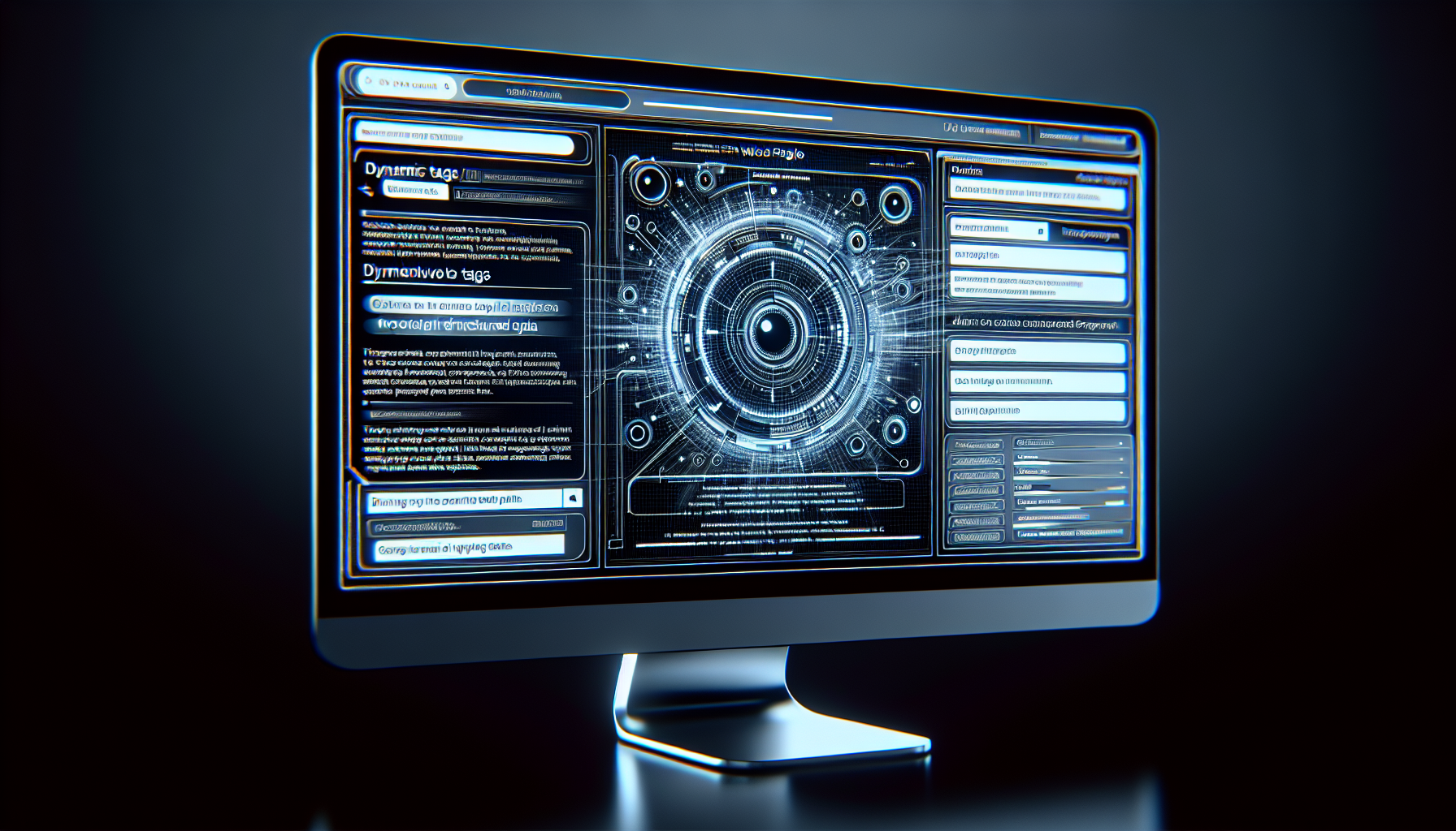 Computer screen showing web page template with dynamic content tags.