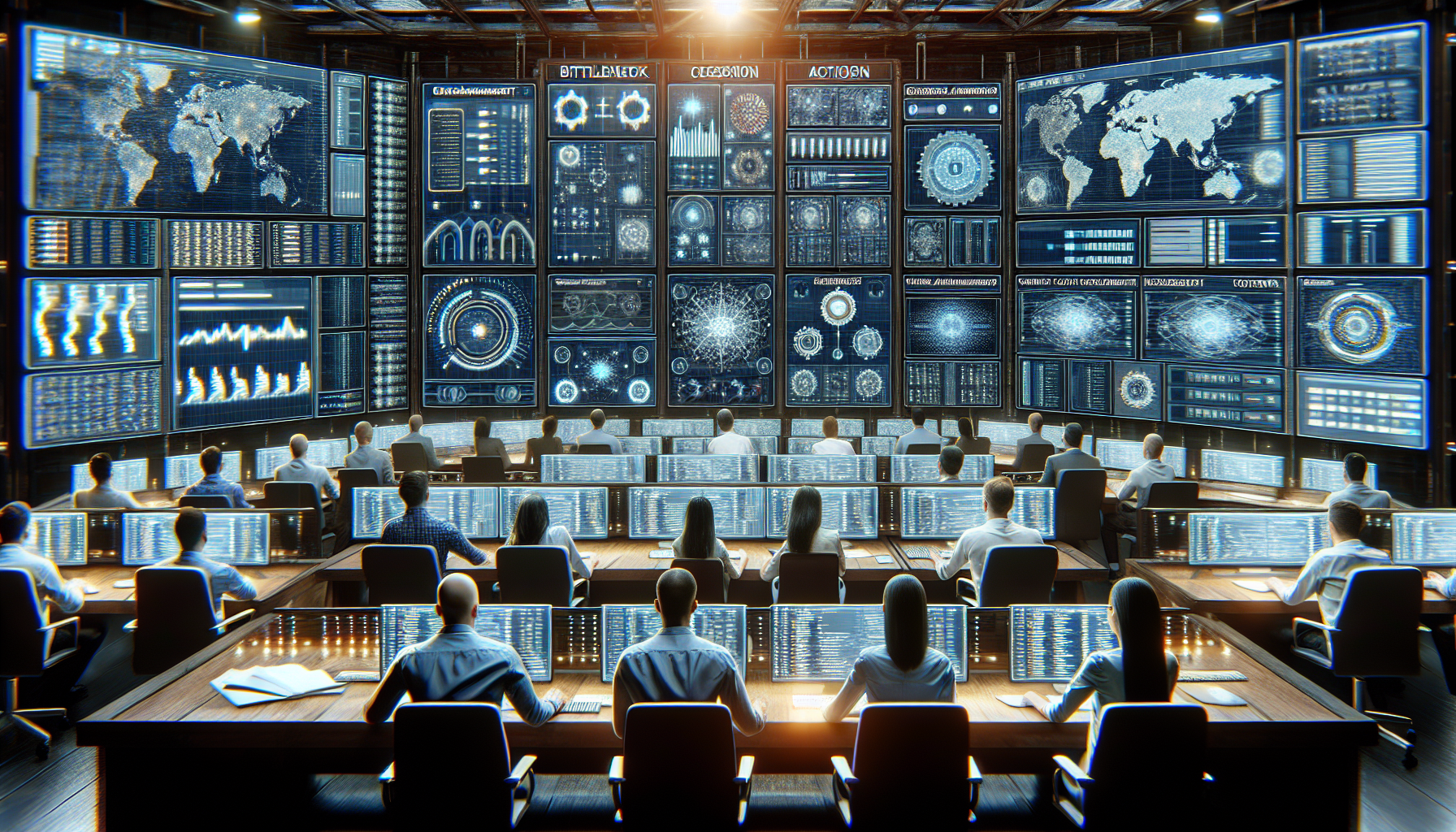 Control room with engineers monitoring WRS queue status on digital dashboard.